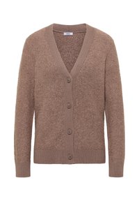 Brauner Cardigan aus weichem, strukturiertem Material mit V-Ausschnitt, langen Ärmeln, vier Knöpfen sowie gerippten Bündchen und Saum.
