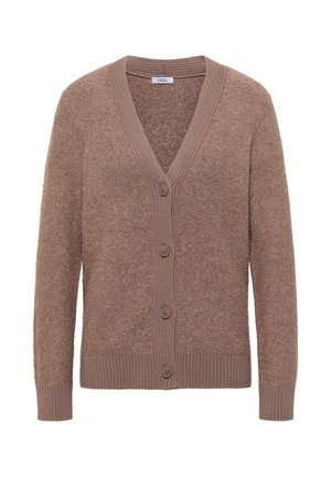 Brauner Cardigan aus weichem, strukturiertem Material mit V-Ausschnitt, langen Ärmeln, vier Knöpfen sowie gerippten Bündchen und Saum.