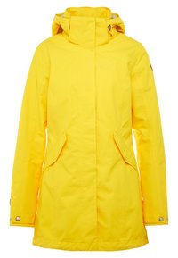 Jasnożółta wodoodporna kurtka z kapturem, przednimi kieszeniami z klapami i zatrzaskami na mankietach, zaprojektowana do chłodnej pogody.