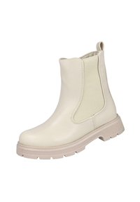 Botín blanco hasta el tobillo con un exterior de cuero suave, paneles laterales elásticos, una suela de goma resistente y una lengüeta en la parte posterior para facilitar su uso.