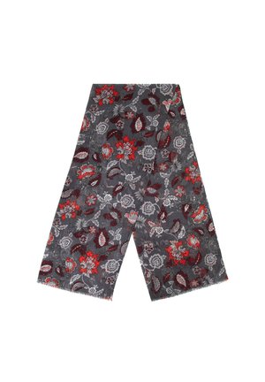 Écharpe à motif floral dans des nuances de gris avec des accents rouges et blancs, présentant une texture douce et des bords frangés. Design rectangulaire.