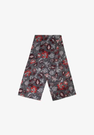 Sciarpa con motivo floreale in tonalità di grigio, con accenti rossi e bianchi, caratterizzata da una texture morbida e bordi frangiati. Design rettangolare.