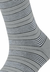 Gray socks featuring horizontal stripes in black and white, with a smooth texture and a snug fit around the ankle.