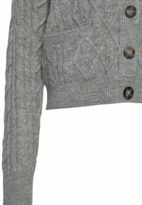 Grijze gebreide cardigan met kabelpatroon, cropped ontwerp en grote donkere knopen. Heeft geribbelde manchetten en zoom, zachte textuur.