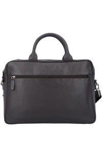 Dark gray leather briefcase with dual top handles, zippered front pocket, and adjustable shoulder strap. Smooth texture with minimalist design.
