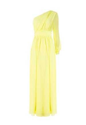 Abito giallo lungo a spalla unica realizzato in tessuto plissettato leggero, con vita aderente e gonna fluida. Dettagli testurizzati in tutto l'abito.