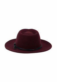 Burgundy felt hat with a wide brim, a slightly rounded crown, and a black braided band accenting the base of the crown.