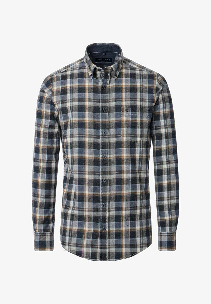 Langärmliges Karohemd in Marineblau, Grau und Braun. Mit Button-Down-Kragen, Tasche auf der Vorderseite und kontrastierenden Knöpfen. Aus Baumwollmaterial.