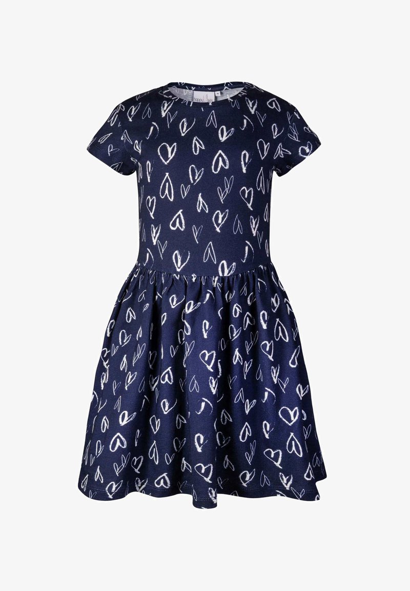 Abito corto a maniche corte di colore blu navy in tessuto morbido, con motivo di cuori bianchi, scollatura rotonda e gonna svasata con vita arricciata.