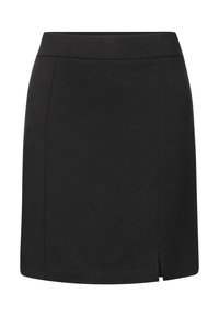 Zwarte mini-jurk met een gladde stof, een aansluitende silhoeët en een subtiele zijsplit aan de zoom voor meer bewegingsvrijheid.