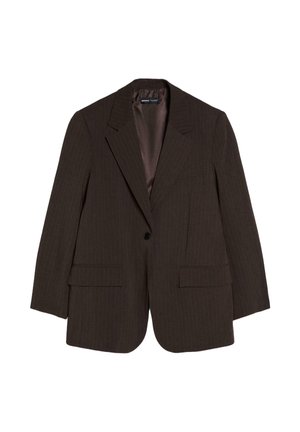 Dark brown pinstripe single-button blazer with notched lapels and front flap pockets, shown flat on a white background.