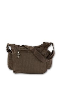 Braune Stoff-Crossbody-Tasche mit einem zippered Hauptfach, verstellbarem Tragegurt und Seitentaschen. Es hat einen kleinen Charme am Reißverschluss.