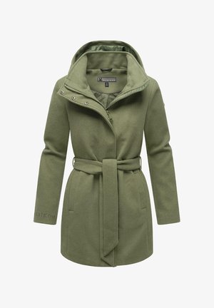 Tamsiai žalia, vilnos ir sintetinių pluoštų mišinys, prigludusi striukė su nuimama kapišonu, diržu juosmenyje, dviem šoninėm kišenėm ir subtiliu logotipu ant rankovės.