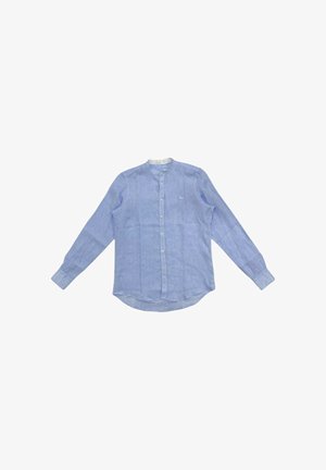 Camicia a maniche lunghe di colore azzurro, realizzata in un tessuto texture. Presenta un colletto alzato, bottoni frontali e un piccolo logo sul petto.