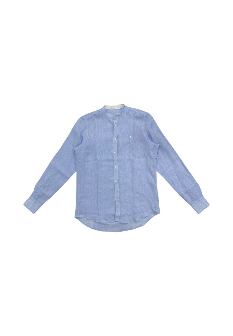 Camicia a maniche lunghe di colore azzurro, realizzata in un tessuto texture. Presenta un colletto alzato, bottoni frontali e un piccolo logo sul petto.