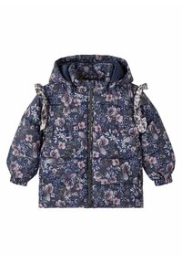 Dunkelblaue floral gepolsterte Jacke mit lila und weißen Blumen. Sie hat eine Kapuze und Rüschendetails an den Ärmeln, mit elastischen Bündchen.