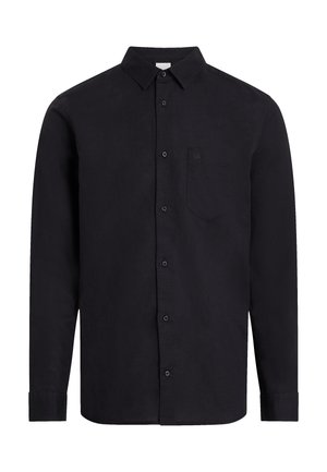 Camicia nera con bottoni realizzata in tessuto testurizzato, dotata di colletto a punta, maniche lunghe, taschino sul petto e dettagli del logo discreti.