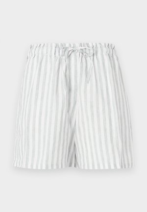Pantaloni scurți din in, cu un model de dungi verticale în nuanțe de gri deschis și alb; au un brâu elastic cu șnur pentru ajustare.