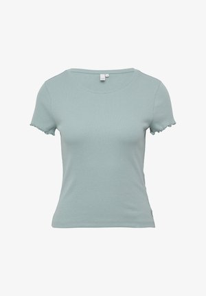 Lichtblauw geribbeld t-shirt met korte mouwen en gerimpelde randen. Ronde halslijn en zachte textuur, geschikt voor casual kleding.