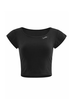 T-shirt noir cropped en tissu doux. Il dispose de manches courtes, d'un col rond et d'un petit logo sur le côté gauche.