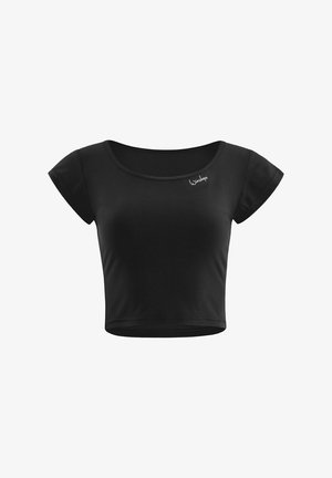 Černé zkrácené tričko vyrobené z měkkého materiálu. Má krátké rukávy, kulatý výstřih a malé logo na levé straně.