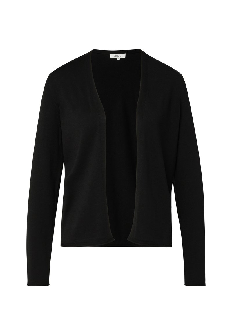 Cardigan noir en tissu doux, design à ouverture avant, manches longues et texture lisse, sans attaches visibles ni ornements.