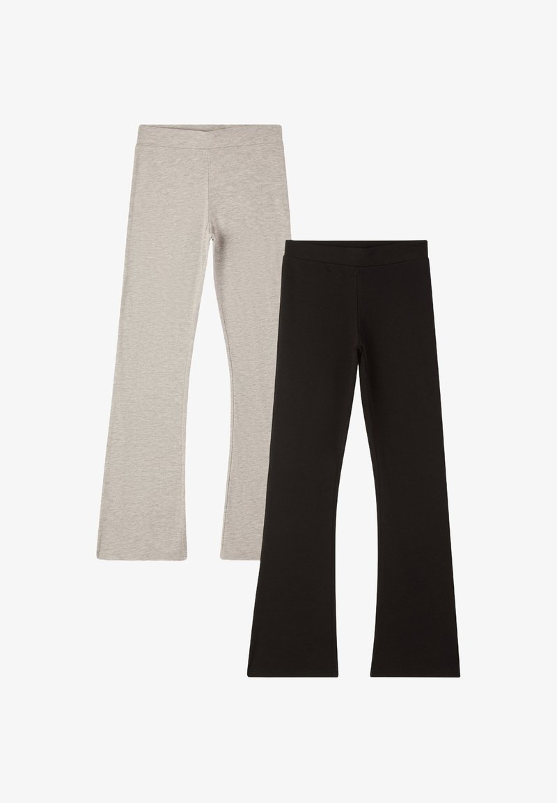 Due coppie di leggings a zampa d'elefante, una grigia chiara e una nera, realizzate in un materiale morbido e elastico con una cintura ampia per il massimo comfort.