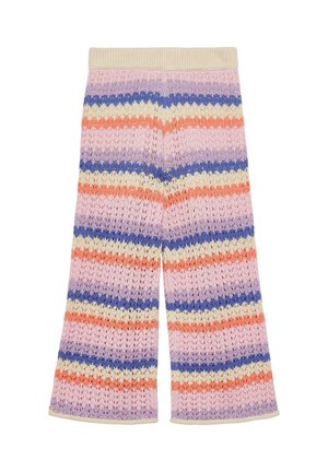 Gebreide broek met brede pijpen met horizontale strepen in paars, blauw, crèmekleurig, oranje en roze, en een beige elastische tailleband.
