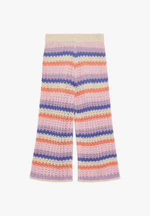 Strickhose mit weitem Bein, versehen mit horizontalen Streifen in Lila, Blau, Creme, Orange und Pink sowie einem beigen elastischen Bund.