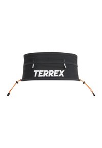 Svart stoff løpebelte med flere glidelåslommer, oransje snor og "TERREX"-logo i hvitt. Jevn tekstur, justerbar passform.