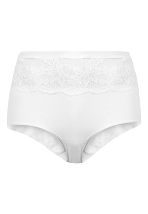 Weißer hochgeschnittener Slips mit einem zarten Spitzenbund. Glattes Material mit weicher Textur, entworfen für Komfort und guten Sitz.