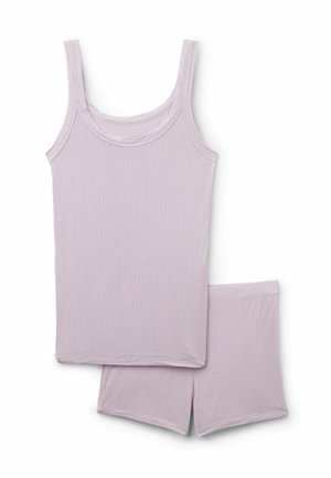 Lila geribd tanktop met bijpassende geribde shorts, beide mouwloos en gemaakt van zachte stof, plat uitgestald op een witte achtergrond.
