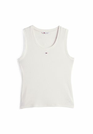 White ribbed tank top with a round neckline, visible stitching, and a small logo on the chest. Fabric appears soft and fitted.