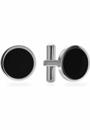 Par runde sølv manchetknapper med glatte sorte emaljeflader og T-stangs lukninger vist på hvid baggrund.