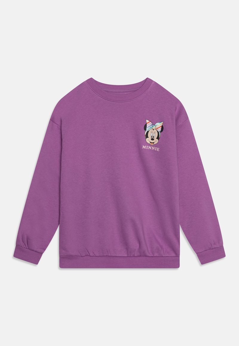 Sweat-shirt violet à manches longues avec un petit visage de Minnie Mouse orné d'un nœud coloré et le texte "MINNIE" sur le haut à gauche.