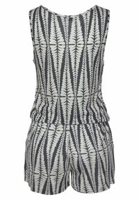 Rompers sans manches en gris foncé avec un motif de fougère blanche ; dispose d'une taille élastique et de poches latérales ; tissu doux et léger.
