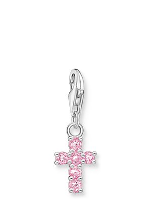 Silver clasp with small cross-shaped charm made of pink round gemstones.