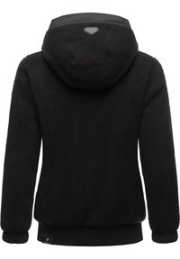 Sweat à capuche en polaire noire avec une surface texturée, une capuche, des poignets et un ourlet côtelés. Présente un petit logo dans le haut du dos.