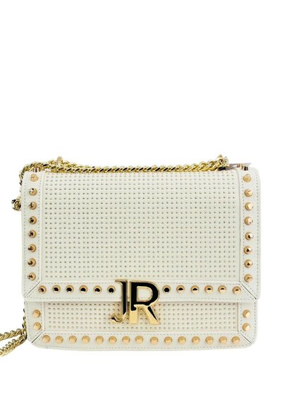Borsa in ecopelle bianca con hardware dorato, dettagli borchiati e tracolla intrecciata. Presenta un prominent logo "JR".