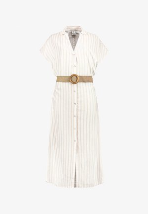 White and beige vertical striped midi dress with short sleeves, button-down front, collar, and a textured tan belt with a circular buckle.