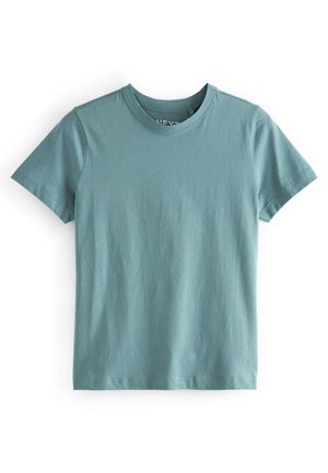 T-shirt uni à manches courtes et col rond en bleu sarcelle atténué, posé à plat sur fond blanc.