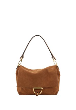 Brown suede shoulder bag with gold clasp and black and brown strap, soft texture, medium size, simple elegant design.