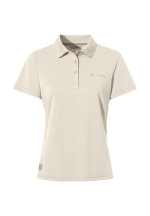 Polo shirt beige clair, manches courtes, tissu respirant, patte de boutonnage à trois boutons, et un logo subtil sur la poitrine gauche. Design de col classique.