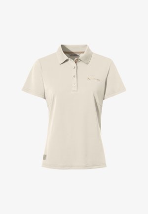 Polo shirt beige chiaro, maniche corte, tessuto traspirante, patta con tre bottoni e un logo sottile sul petto sinistro. Design con colletto classico.