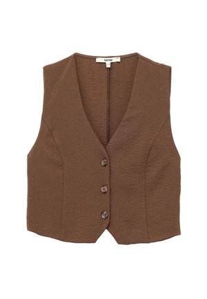 Gilet senza maniche marrone con scollatura a V profonda, chiusura frontale con bottoni e tessuto leggermente strutturato. Presenta cinque bottoni e un taglio sartoriale.