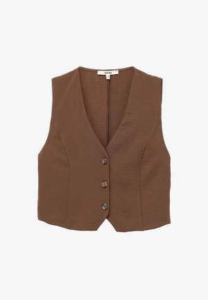 Gilet senza maniche marrone con scollatura a V profonda, chiusura frontale con bottoni e tessuto leggermente strutturato. Presenta cinque bottoni e un taglio sartoriale.