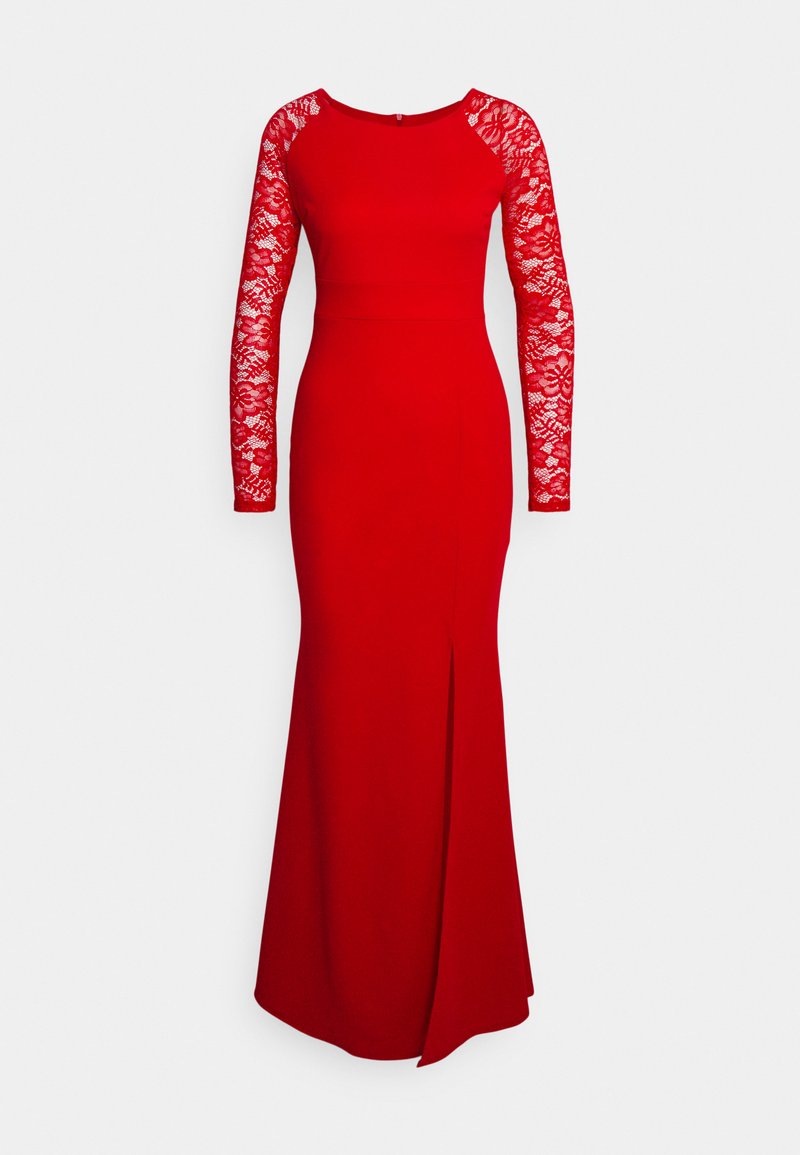 Κόκκινο φόρεμα με μακριά δαντελένια μανίκια, εφαρμοστό κορσέ και ίσια φούστα με σκίσιμο ψηλά στο μηρό. Λείο ύφασμα με λουλουδάτα δαντελένια άνθη.