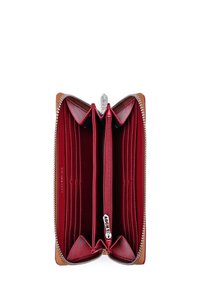 Brown leather wallet with red interior, featuring multiple card slots, two zippered compartments, and silver hardware.
