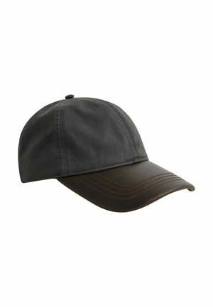 Casquette de baseball en tissu gris foncé avec une visière légèrement courbée marron foncé et des détails de couture visibles.