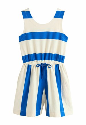 Ärmelloser Overall mit breiten blauen und weißen horizontalen Streifen am Oberteil und vertikalen Streifen an der Shorts, mit blauem Kordelzug in der Taille.